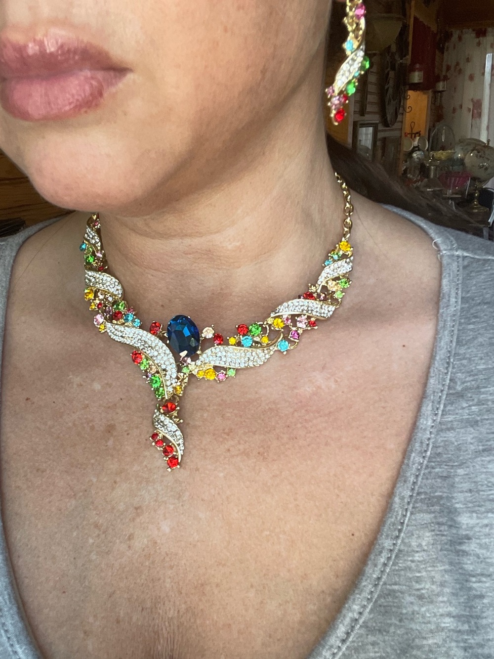 Multicolor Crystal Rhinestone Statement Necklace Earring Set - Picture 3 of 7